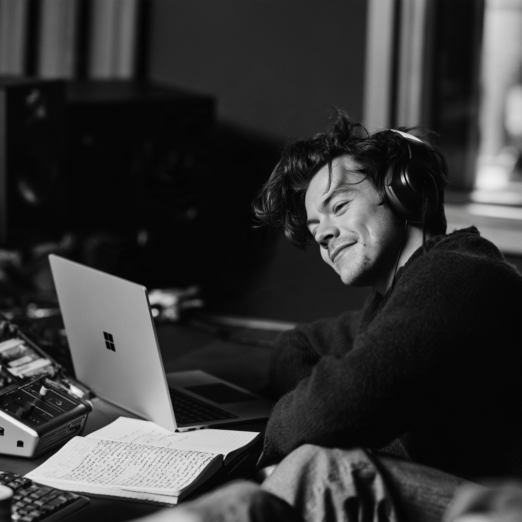 Concept storyboard: Harry smiles as he listens back through headphones beside his Windows laptop and lyric notebook.