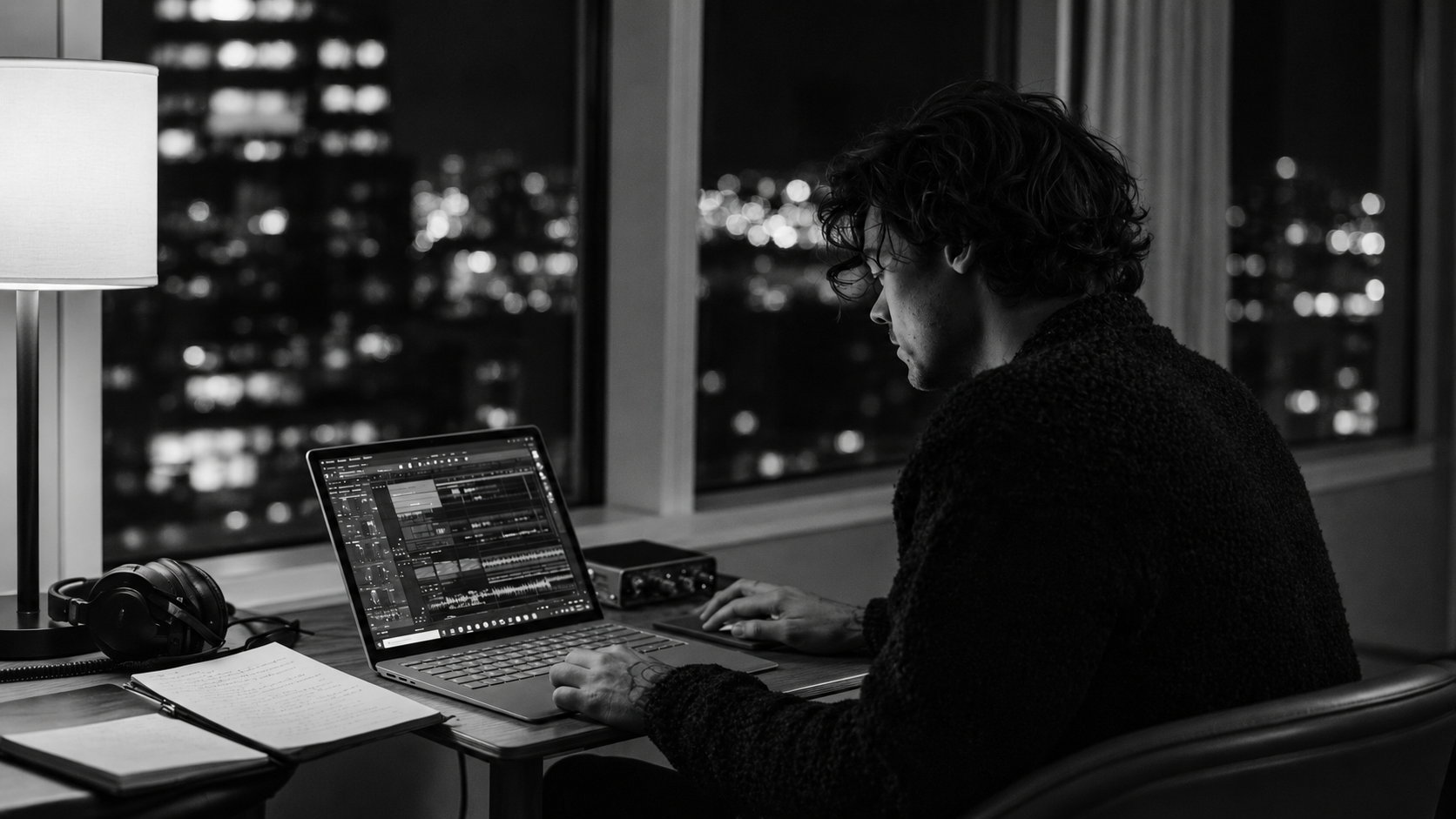 Concept storyboard: Harry works on a multitrack audio session on his Windows laptop at a hotel desk overlooking the city at night.