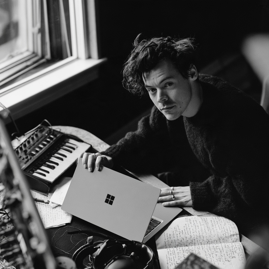 Concept social post: Harry opens his Windows laptop beside a synthesizer, headphones and handwritten lyrics.