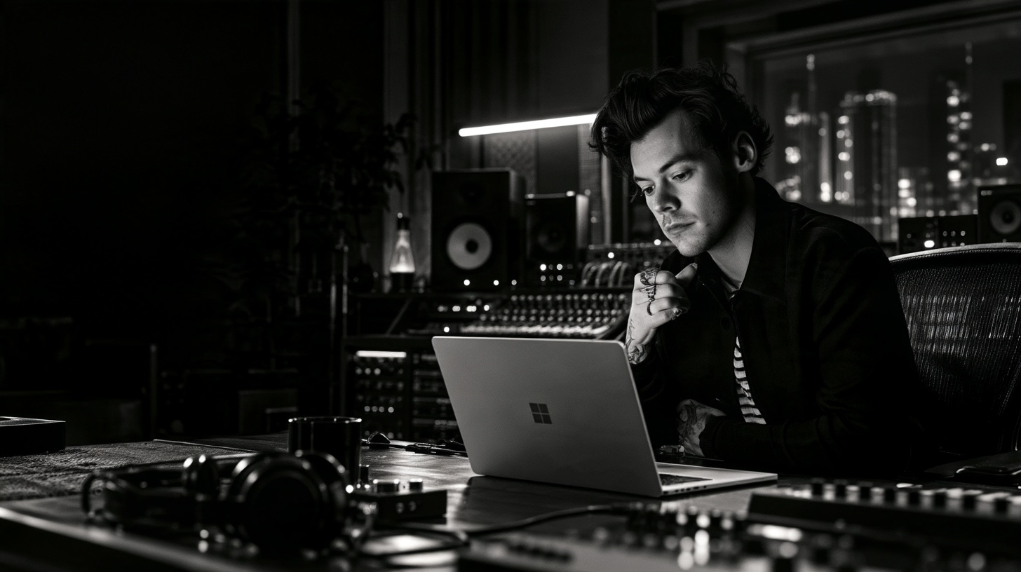 Concept image of Harry Styles at a studio desk with a Windows laptop.